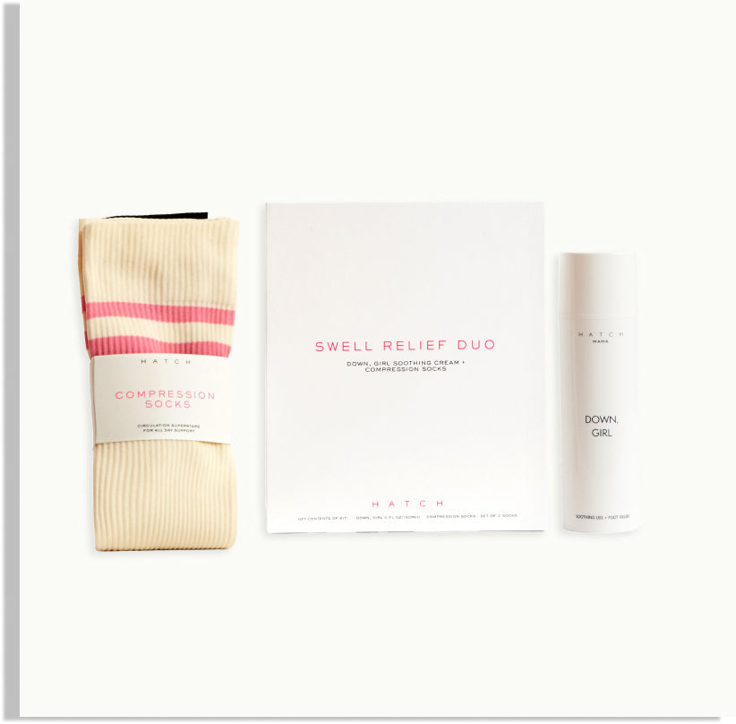 HATCH Collection Compression Socks Swell Relief Duo box. and Down, Girl Soothing Cream