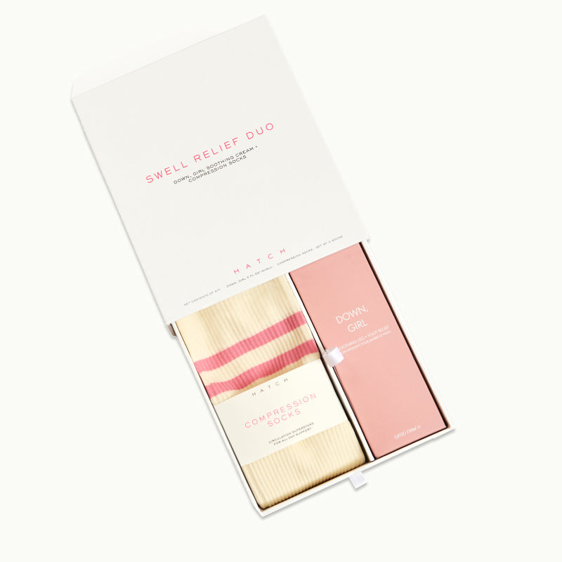 HATCH Collection Swell Relief Duo box opened with Down, Girl Soothing Cream + Compression Socks