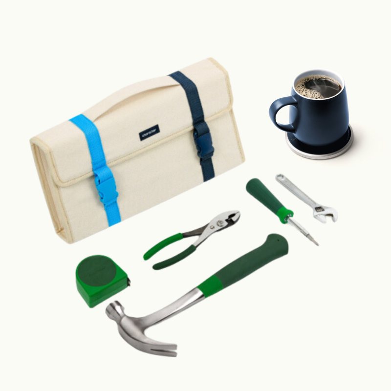 Character tool tote with 5 tools (the hammer, the tape measure, the screwdriver, the small adjustable wrench, the slip joint pilers), and ohom ui self-heating mug in deep navy #color_deep navy