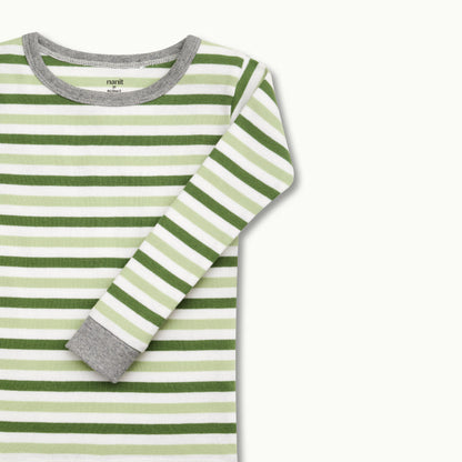 zoomed in on Nanit Two-Piece Sleep Wear Holiday Pajamas in Evergreen Bold Stripe 