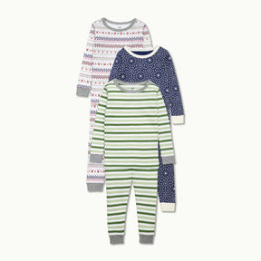 nanit 2-piece sleep wear holiday pajamas in evergreen bold stripe, bright star, and fair isle