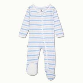 sleep wear pajama in cornflower blue stripe front view showing signature foot gripper