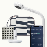 nanit pro camera floor stand, abstract stripe travel case, gray breathing band, flex stand, and nanit app showing dashboard #mount_floor stand #color_abstract stripe