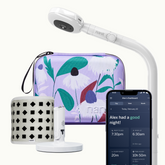 nanit pro camera floor stand, purple floral travel case, gray breathing band, flex stand, and nanit app showing dashboard #mount_floor stand #color_purple floral