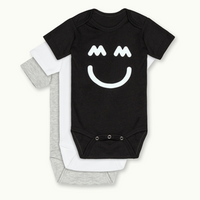 Miles & Milan Big Smile Bodysuit 3-Pack Set in Black, White, and Gray