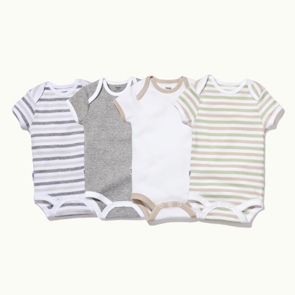 four short sleeve bodysuit showing in heather gray stripe, heather gray, white, and pistachio stripe #color_neutral