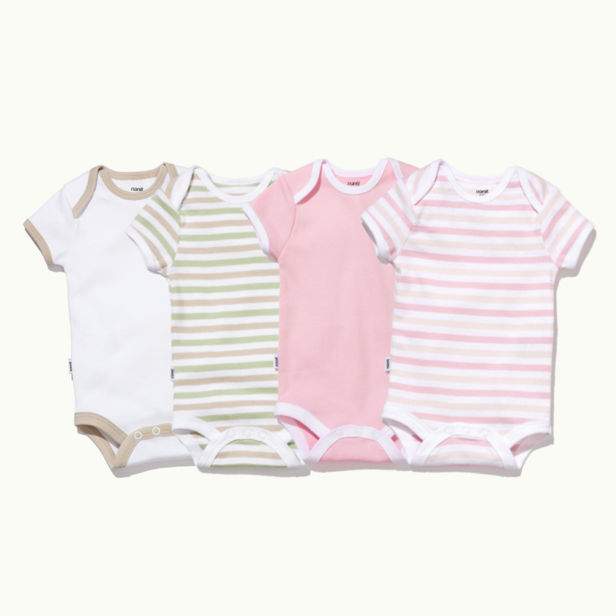 four short sleeve bodysuit showing in white, pistachio stripe, rose pink, and rose pink stripe #color_pink