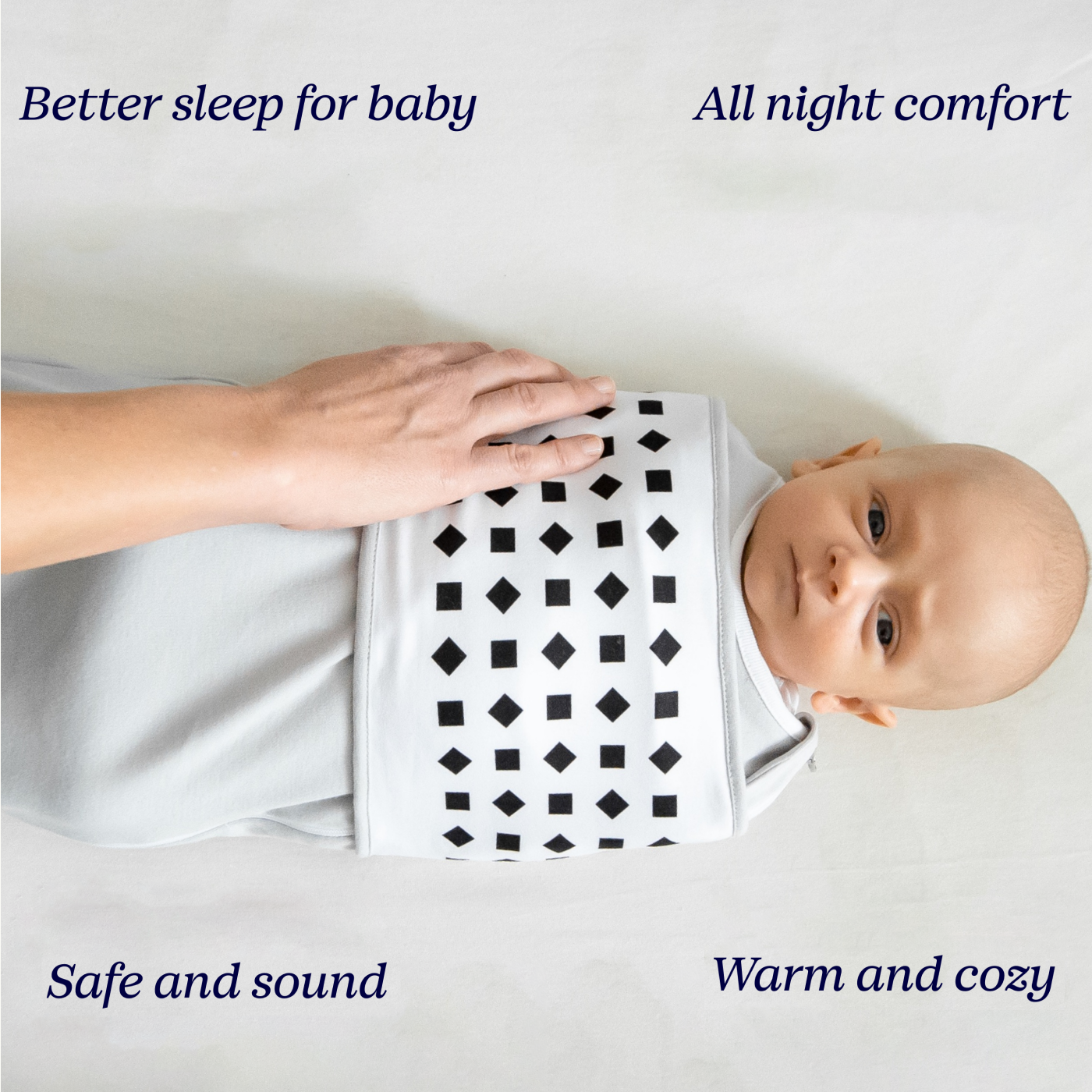 better sleep for baby, all night comfort, safe and sound, and warm and cozy while baby laying down with nanit swaddle