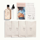 HATCH collection bundle showing 4 stretch Belly Masks, Belly Oil bottle, and a sheet of Belly Tattoos