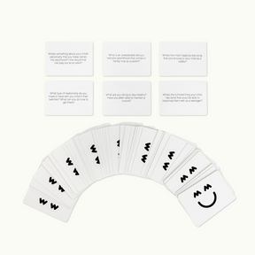 Set of cards laid out with some example questions shown
