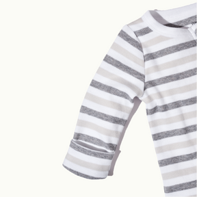 zoomed in on convertible mittens - front view of sleep wear pajamas in bold stripe