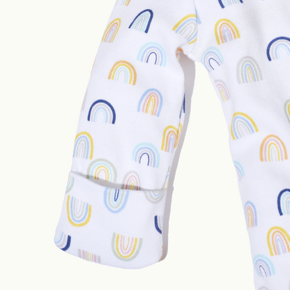 zoomed in on convertible mittens - front view of sleep wear pajamas in sweet rainbows  