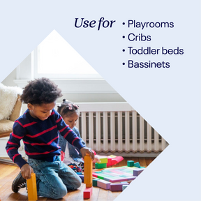 flex stand use for playrooms, cribs, toddler beds, and bassinets. kids playing with blocks