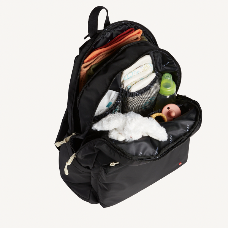 opened and packed black state lorimer diaper bag