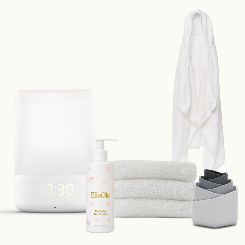 nanit sound + light, ellaola body lotion, lalo hooded towel, 6 lalo stacking cups in black & white, & lalo washcloth