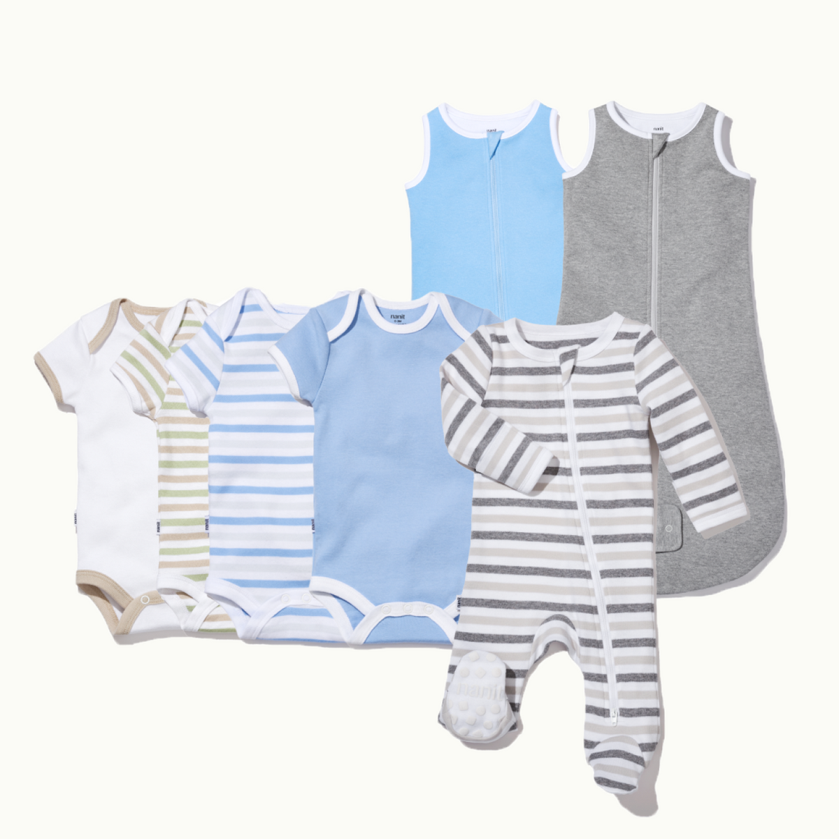 4 bodysuits, 2 sleeping bags, & 1 pajama in white, pistachio stripe, cornflower blue stripe, cornflower blue & heather gray
