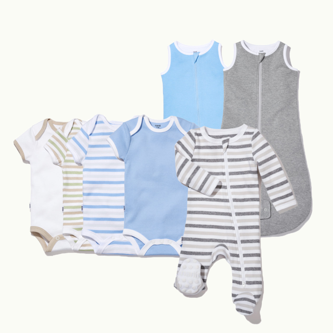 4 bodysuits, 2 sleeping bags, & 1 pajama in white, pistachio stripe, cornflower blue stripe, cornflower blue & heather gray