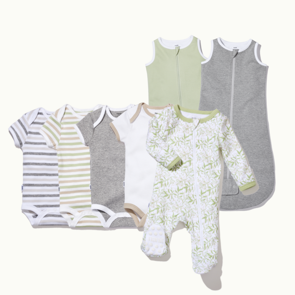 4 bodysuits, 2 sleeping bags, & 1 PJ in white, pistachio stripe, heather gray stripe, heather gray, pistachio & leafy canopy #color_neutral