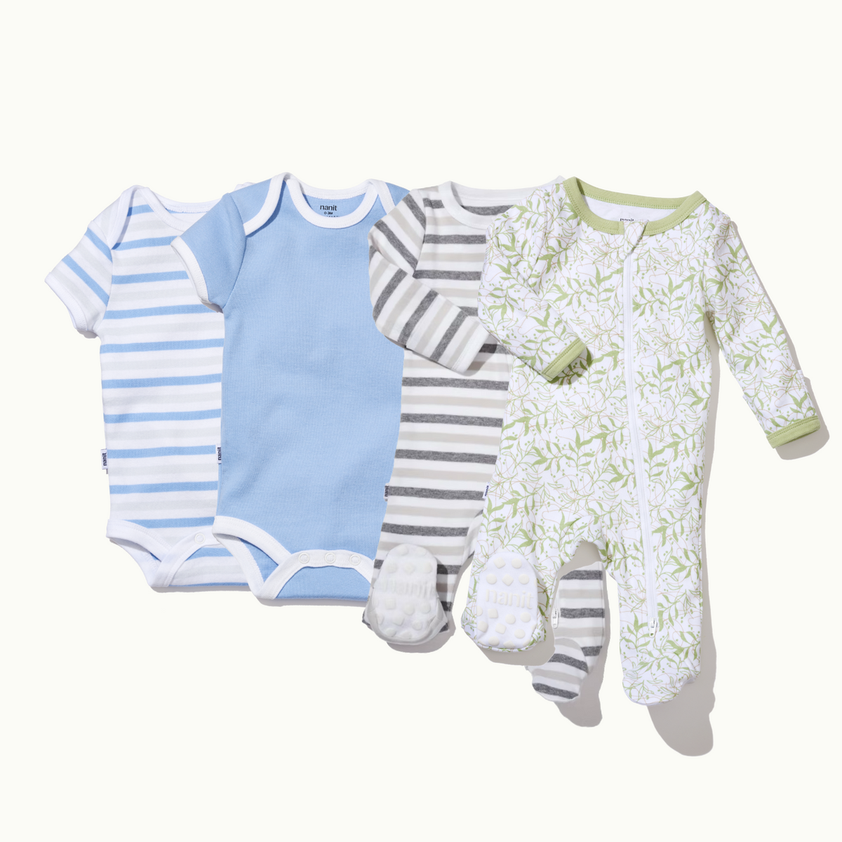cornflower blue stripe bodysuit, cornflower blue bodysuit, heather gray stripe pajamas, and leafy canopy pajamas #color_blue