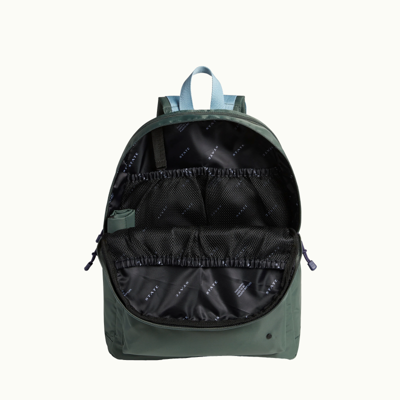 state lorimer diaper bag in olive opened where inside is black #color_olive