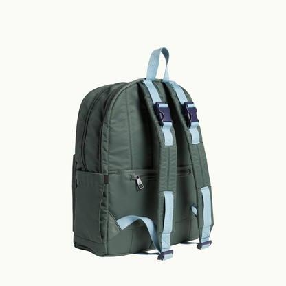 back angled side of state lorimer diaper bag in olive 