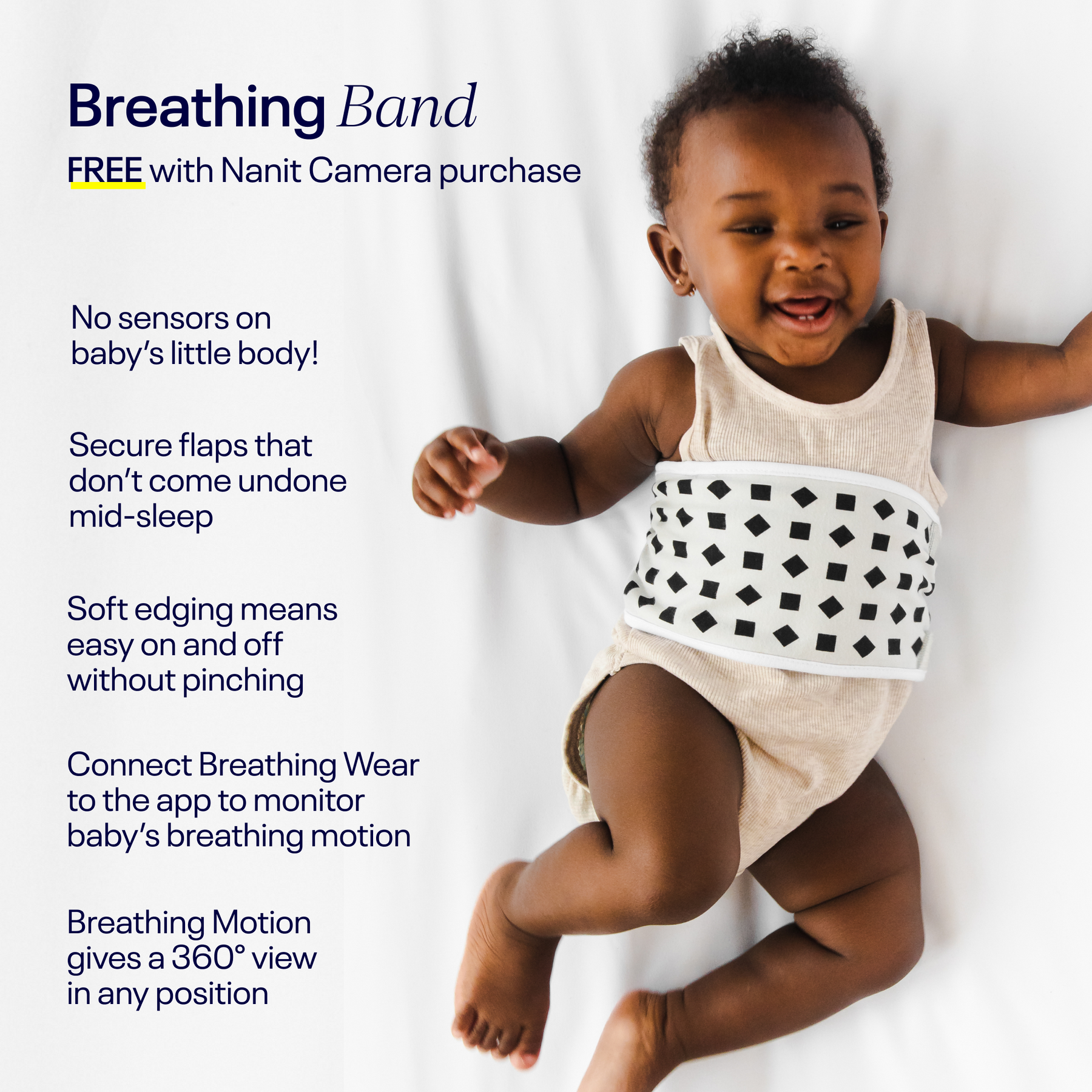 Breathing Band comes free with Nanit Camera purchase. Mentioning features including no sensors and connecting to Nanit app.