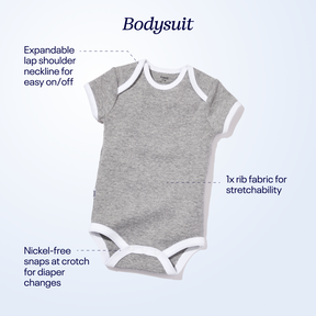bodysuit: expandable lap shoulder neckline, nickel-free snaps at crotch for diaper changes, 1x rib fabric for stretchability