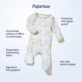 pajamas: protective chin zipper guard, convertible mittens, interlocking fabric, signature foot gripper, 2-way bottom zipper