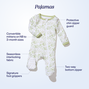 Pajamas: protective chin zipper guard, convertible mittens, interlocking fabric, signature foot gripper, 2-way bottom zipper