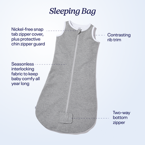 Nickel-free snap tab zipper cover plus protective chin zipper guard, seasonless interlocking fabric, two-way bottom zipper