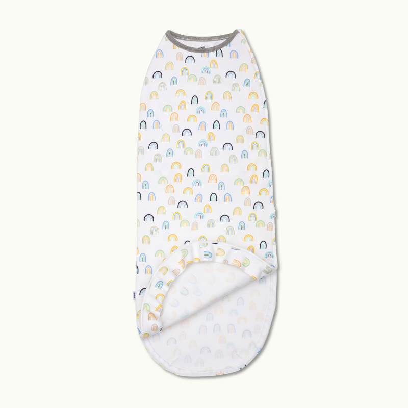 nanit sleeping wear swaddle in sweet rainbows and showing inside #color_sweet rainbows