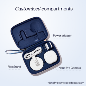 Nanit Travel Case has customized compartments with power adapter, Flex Stand, and Nanit Pro Camera (sold separately)